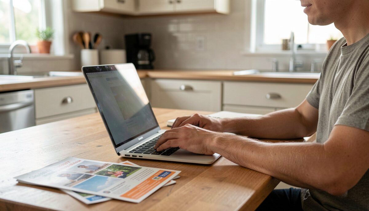 A person typing on a laptop at a kitchen table with community flyers and a notebook nearby.