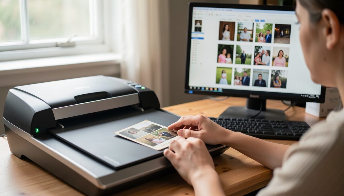 A person scanning an old photograph on a flatbed scanner while a computer screen shows a collection of images.