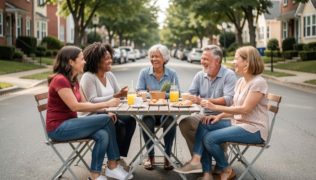 Neighbors of diverse ages chatting and laughing around a folding table with lemonade and snacks on a residential street.