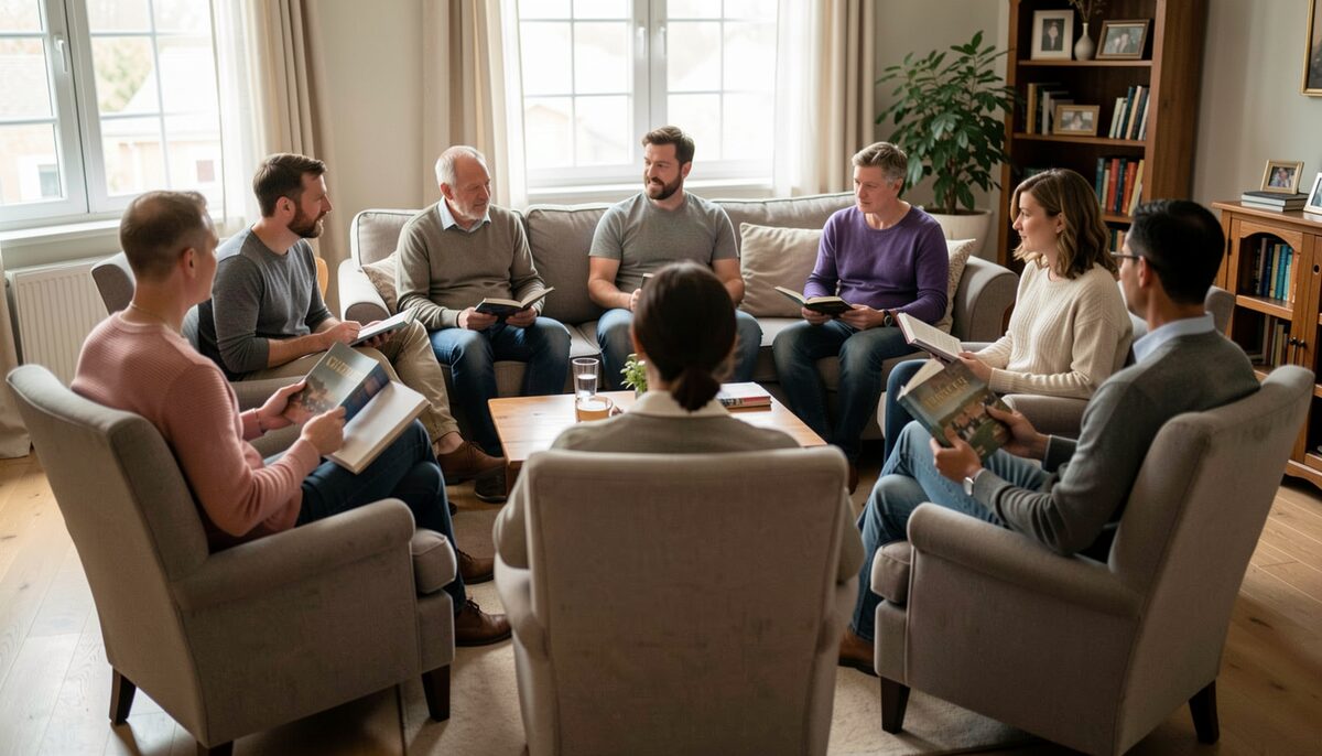 A circle of adults sitting in living room chairs, each holding a book, engaged in discussion.