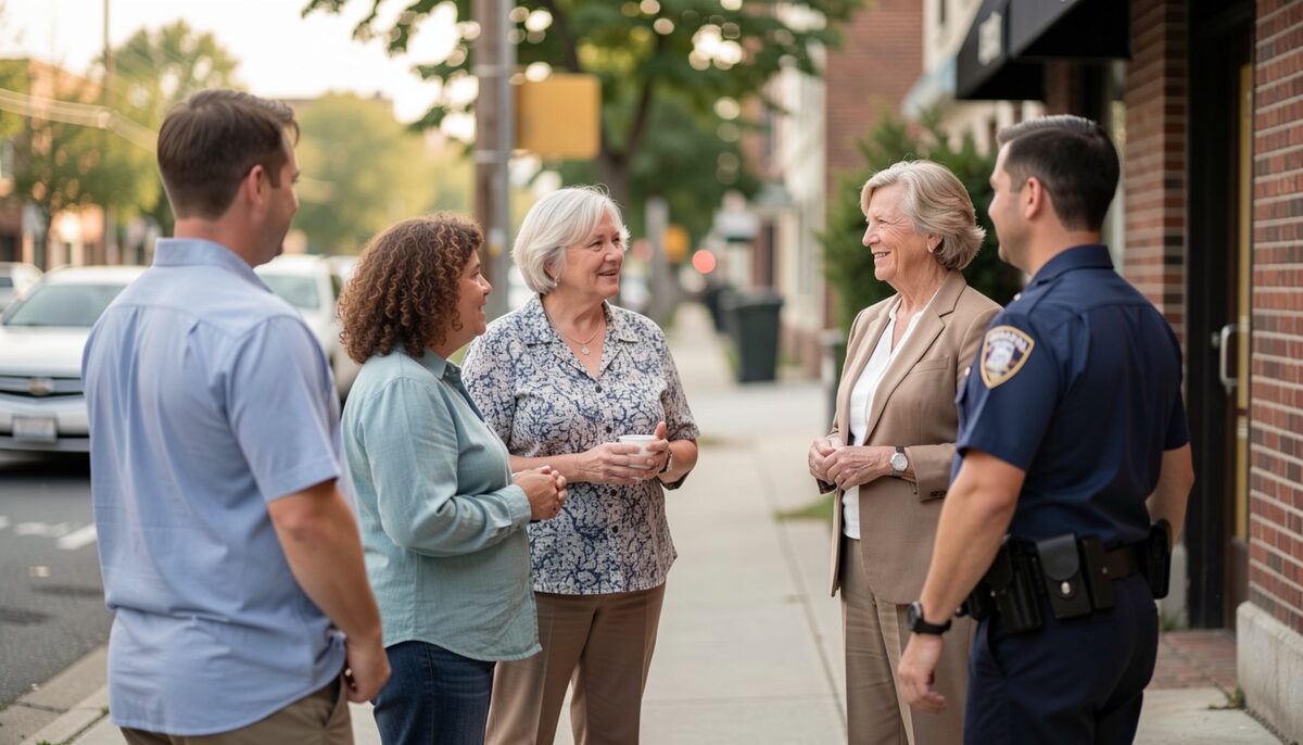 A group of neighbors standing on a sidewalk talking with a police officer in civilian clothes.