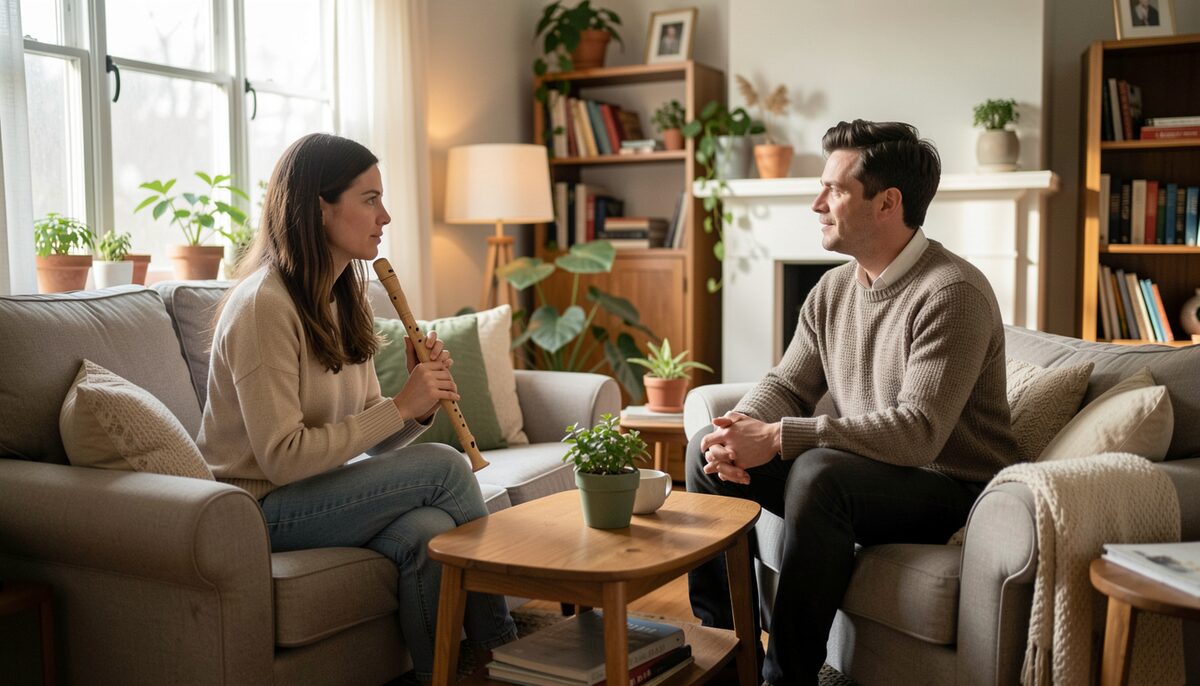 Two people sitting across from each other, one holding a recorder, in a cozy living room.