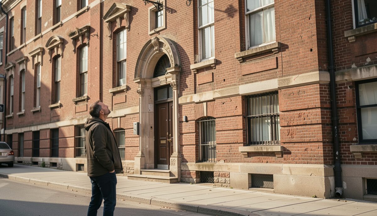 An older brick building with architectural details, seen from the sidewalk, with a person looking up at it.
