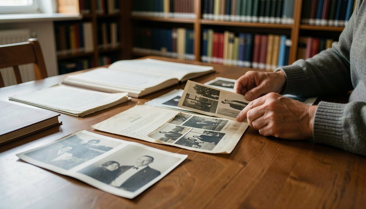 Hands examining old photographs and documents spread out on a library table.