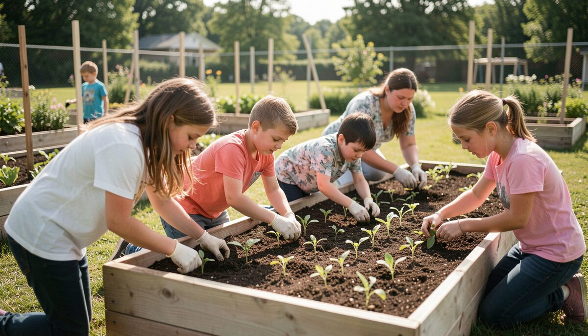 People of various ages planting seedlings in raised beds in a sunny community garden plot.
