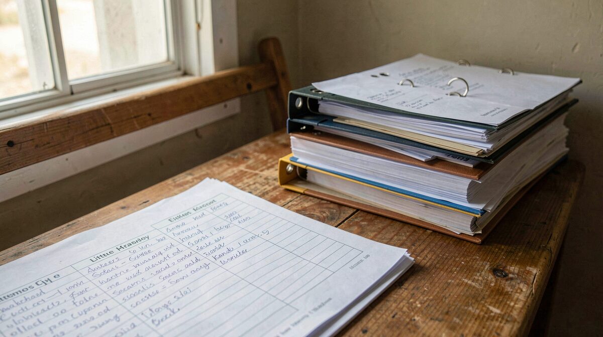 A wooden bench beside a stack of open ring binders in a kennel office, soft morning window light, close framing on a handwritten litter ledger page.