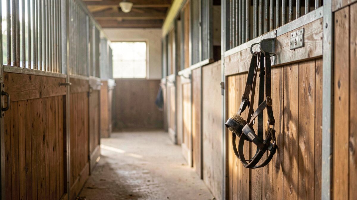 A quiet stable aisle in soft morning light, a halter and grooming kit hanging on a wooden stall door, wide framing.