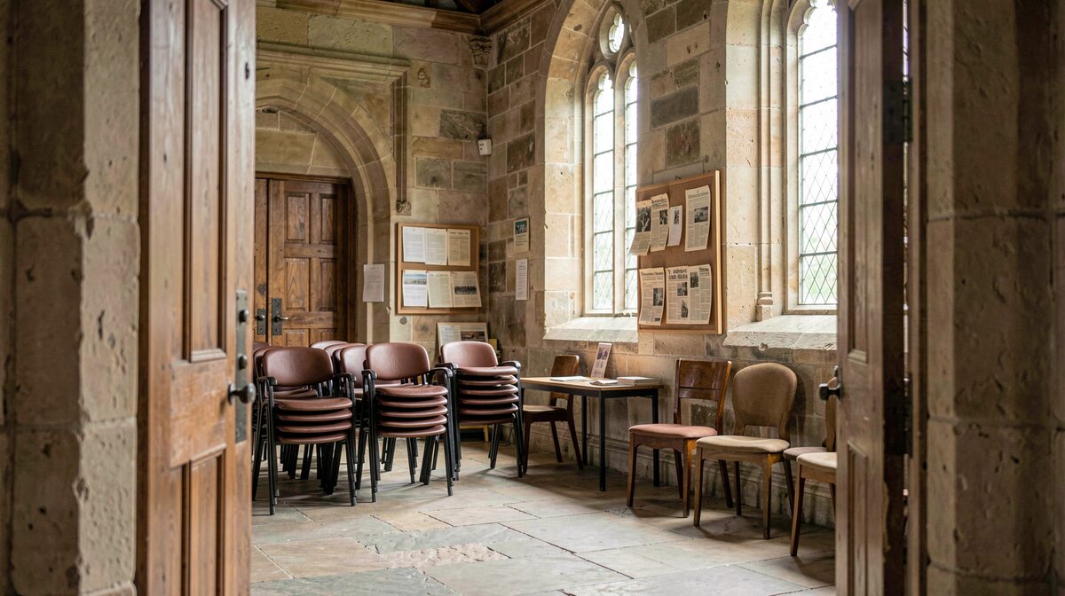 A quiet stone church hall in Aberdeen with stacked chairs, a notice board of faded weekly papers, and soft daylight from tall windows, framed wide from the doorway.