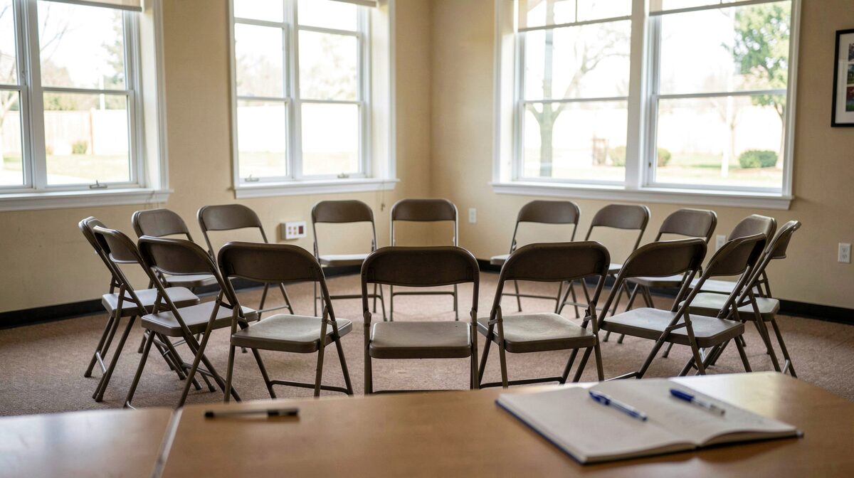 A community center meeting room with folding chairs arranged in a circle, daylight through large windows, a notebook and pen on a table in the foreground.